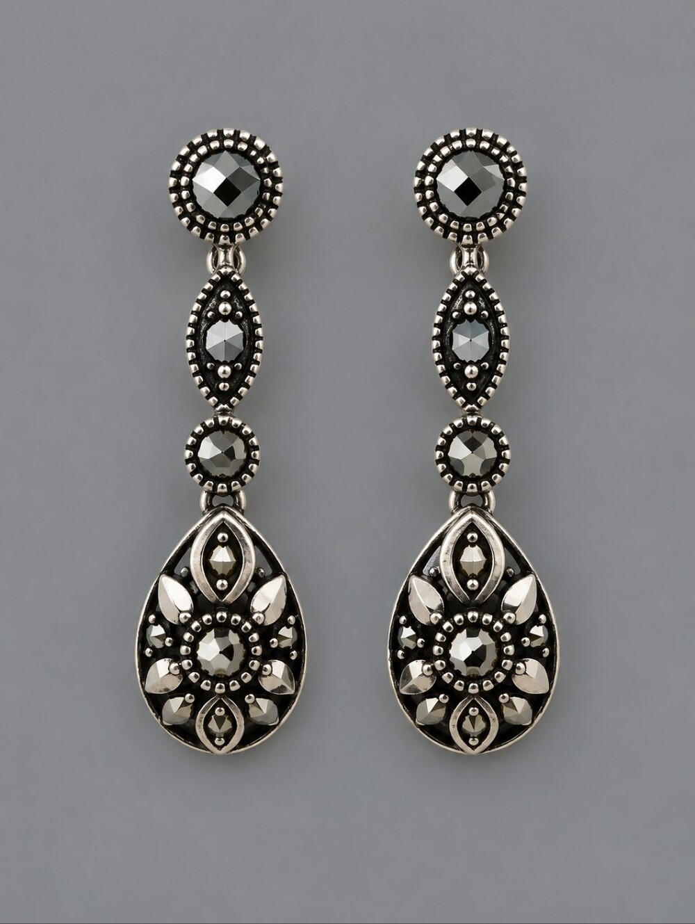 Vintage Delicate Pewter Marcasite Formal Drop Earrings
